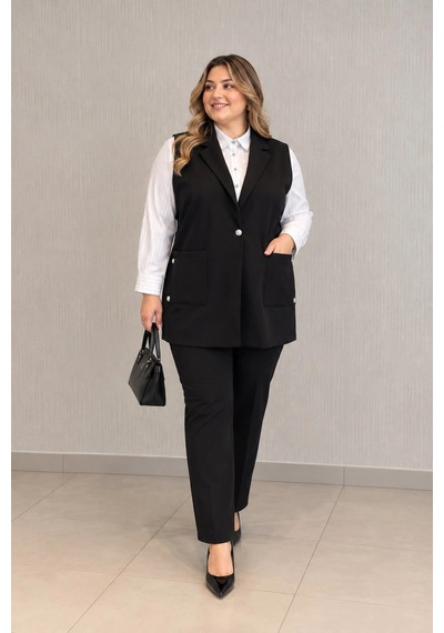 Lady Majestic Kadın Büyük Beden Şık Viskon Yelek Klasik Yaka Düğmeli Cep Detaylı Yelek Siyah Lady Majestic Kadın Büyük Beden Şık Viskon Yelek Klasik Yaka Düğmeli Cep Detaylı Yelek Siyah