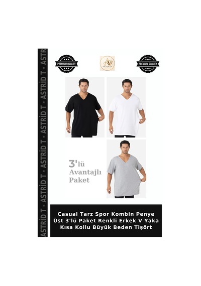 Astrid T Casual Tarz Spor Kombin Penye Üst 3'lü Paket Renkli Erkek V Yaka Kısa Kollu Büyük Beden Tişört Beyaz Siyah Gri
