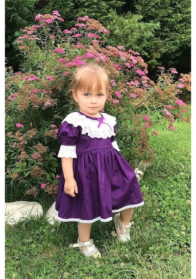 Dantel Yaka Detaylı Mor Kız Çocuk Bebek Pamuk Elbise 001