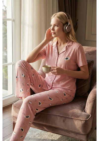 Lela Regular Fit Gömlek Yaka Kısa Kollu Bayan Pijama Takımı 65740102 Pembe