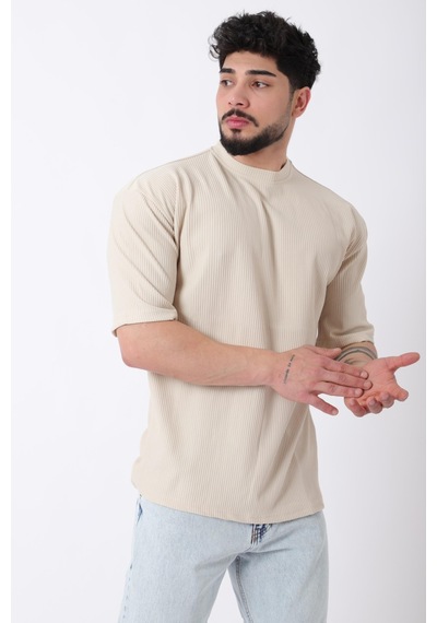 Çizgili Oversize Bisiklet Yaka Tişört Stu-2452 30463 Bej