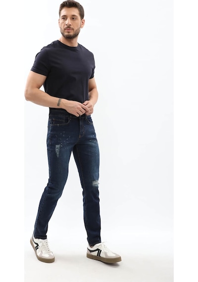 Blue White Erkek Dizi Yırtık Slim Fit Boya Detay Jean Pantolon Lacivert 36