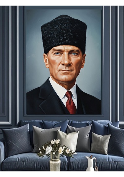 Kalpak Şapkalı Mustafa Kemal Atatürk Portresi Dekoratif Kanvas - Mdf Ahşap Tablo