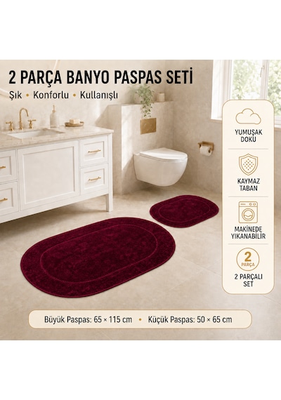 Rixos 2'li Banyo Halısı Paspası Seti Kaymaz Tabanlı Klozet Takımı Bordo