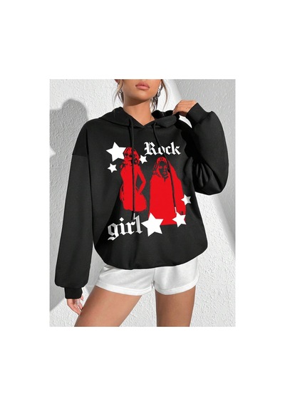 Tarzsokak Coke Serisi Figure & Letter Graphic Drop Shoulder Drawstring Hoodie Siyah