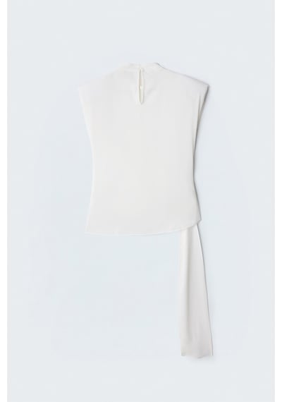 Sateen Kuşak Detaylı Aksesuarlı Bluz - Ekru-137614