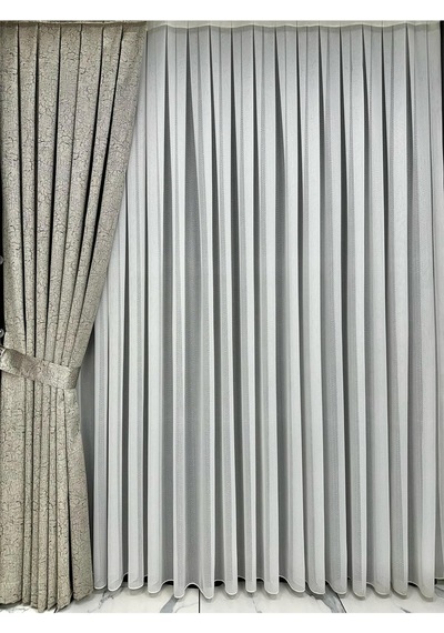 Adde Gri Detaylı Taş Rengi Fon Perde Tek Kanat 1/2,5 Orta Sık Pile Taş