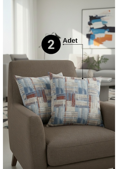 Chevron Bohem Dekoratif Punch Yastık Kırlent Kılıfı 2 Adet 45x45 Etnik Mavi 45 x 45