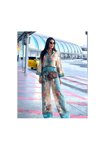 Wellway Keten Kumaş Gömlek & Pantolon Çiçekli 2li Takım-mavi -2504 Mavi