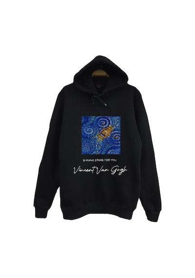 Vincent Van Gogh Baskılı Unisex %100 Pamuk Siyah Kapüşonlu Sweatshirt Siyah