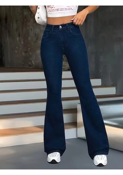 Defymoda Kadın Yüksek Bel Paçaya Doğru Geniş Kot Pantolon Lacivert