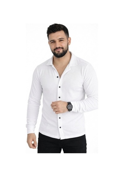 Erkek Waffle Kumaş Uzun Kollu Düğmeli Açık Yaka Regular Fit Gömlek - Beyaz