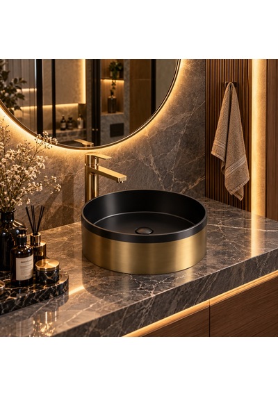 Alfas Aura Round 41 Cm Pvd Gold Siyah Tezgah Üstü Çanak Lavabo 304 Paslanmaz Çelik