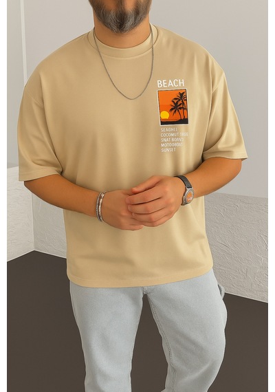 Beach Baskılı Oversize Unisex Tişört Taş