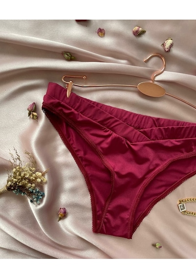 Kadın Rahat Kumaş Önü V Detaylı Günlük Kullanım Mikro Saten Slip- Bordo