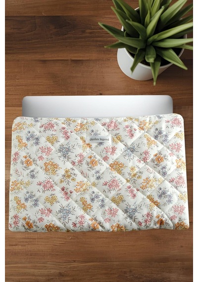 Takçalıştır Çiçek Desenli Labtop Bilgisayar Çantası 15 16 İnç Beyaz