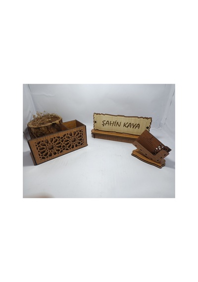 Kk Swords Masaüstü İsimlik, Kalemlik, Kartvizitlik Set Ceviz, Krem