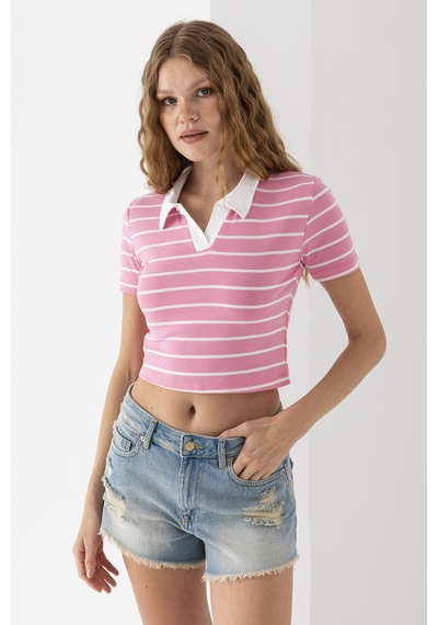 Giysa Kadın Polo Yaka Çizgili Pamuklu T-shirt Pembe Beyaz - 25795 Pembe - Beyaz Giysa Kadın Polo Yaka Çizgili Pamuklu T-shirt Pembe Beyaz - 25795 Pembe - Beyaz