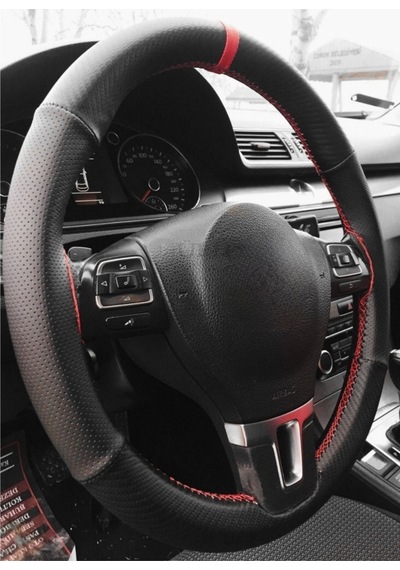 Vw Passat Uyumlu Carbon Dikmeli Deri Direksiyon Kılıfı Noktalı Karbon Kırmızı Ipli