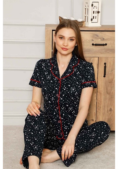 Farya Home Dreamy Pamuklu Yıldız Desenli Biyeli Kısa Kollu Gömlek Pijama Takımı Siyah Kırmızı Kırmızı - Siyah