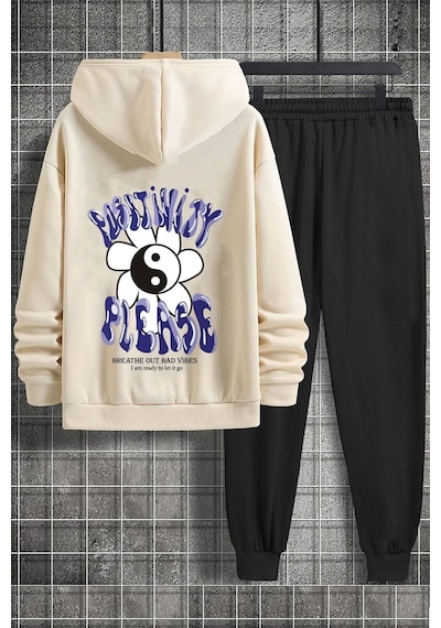 Uyguntarz Unisex Positivity Baskılı Eşofman Takımı Bej