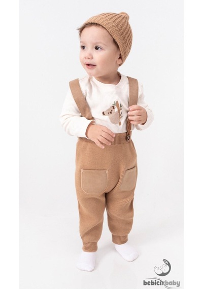 Bebicix Triko Askılı Koala Temalı Kaşkorse Esnek Badili Bereli Unisex Bebek Takım Sütlü Kahve