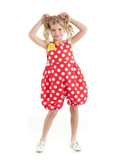 Denokids Kırmızı Beyaz Puanlı Kız Balon Tulum Çok Renkli