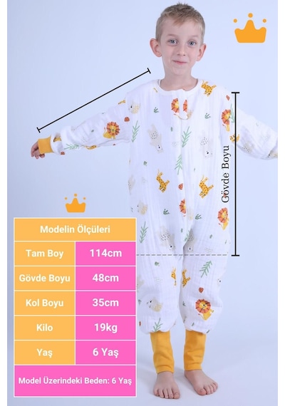 Babyhola Çocuk Mevsimlik Uyku Tulumu 2-8 Yaş 1 Tog 4 Kat Müslin Uzun Kollu Uyku Tulumu Altın