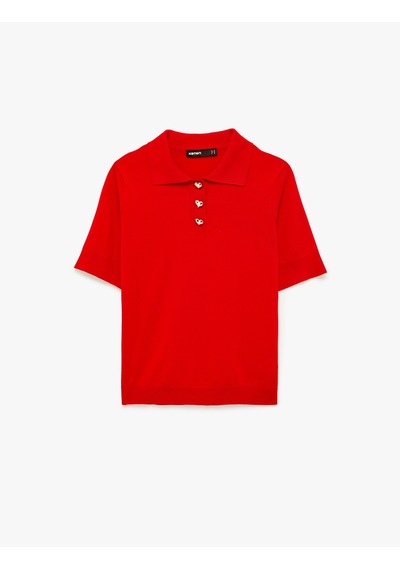 Koton Kısa Kollu Kalp Düğme Detaylı Polo Yaka Triko Tişört Kırmızı 6sak90146ht Kırmızı