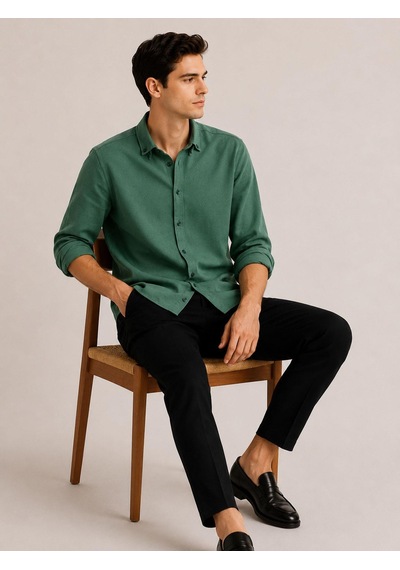 Classics Men Plus Barkod Uzun Kol Slim Fit Erkek Esnek Gömlek - 7682 Yeşil