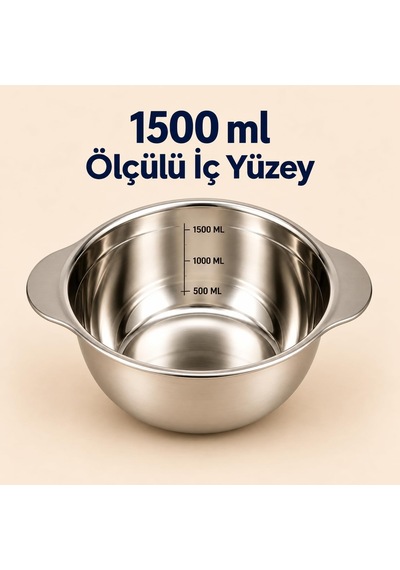 Paslanmaz Çelik 1500 Ml Ölçülü Kap 23 Cm, İç Ölçek Çizgili 1,5 Litre Karıştırma Ve Hazırlık Kabı, Çift Yan Tutamaçlı Mutfak Ölçü Kabı Çok Renkli
