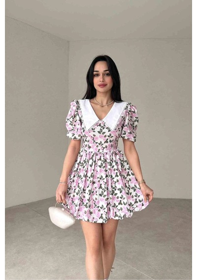 Meecy Çiçek Desenli Bebe Yaka Poplin Elbise Pembe Pembe