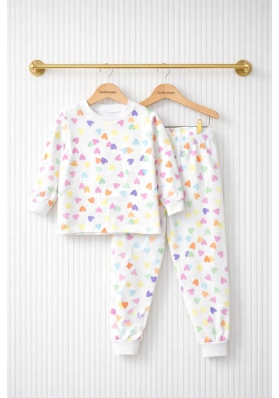 Kalp Desenli Kız Çocuk Pijama Takım St09656 KREM