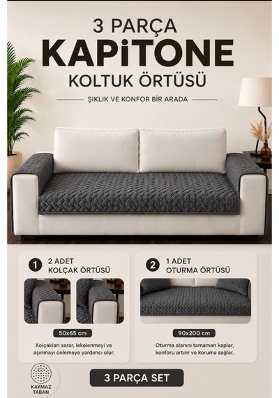 3 Parça Kaymaz Taban Kapitone Koltuk Örtüsü Takımı Çekyat Kanepe Seti Füme Füme