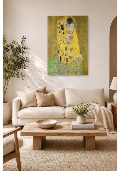 Tam Renk Tekli Gustav Klimt Öpücük The Kiss Dekoratif Kanvas Duvar Tablosu Çok Renkli