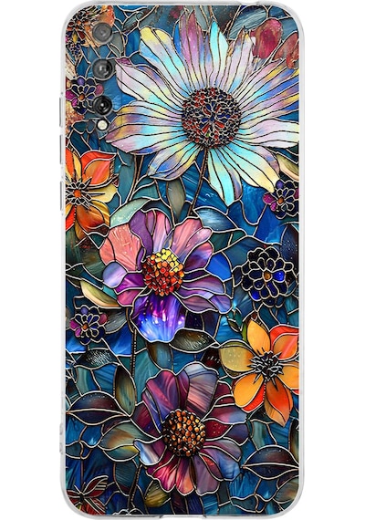 Printify Huawei P Smart S İle Uyumlu Vitray Mücevher Flora Tasarımlı Şeffaf Silikon Kılıf Şeffaf