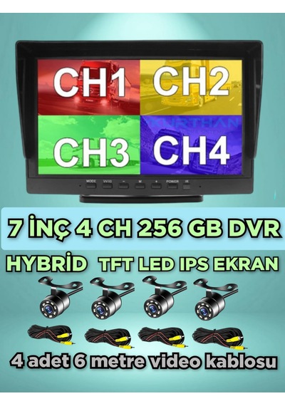 7 İnç Dvr Ekran Ve 4 Ad Beyaz Ledli Kelebek Kamera Set 12 Volt