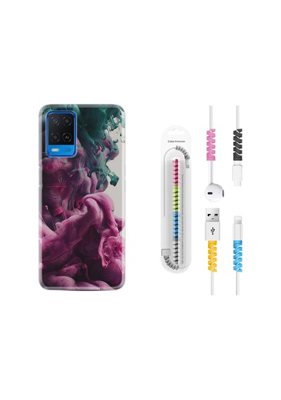 Oppo A54 Kılıf Kablo Koruyuculu Pink Green Cloud 1306