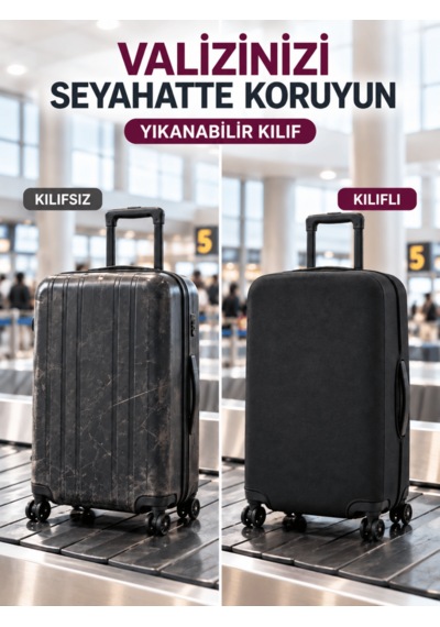 Beylini Valiz Kılıfı Likralı Esnek Çizilme Önleyici Yıkanabilir Dayanıklı Koruyucu Kumaş Bavul Koruyucu Büyük Boy Siyah