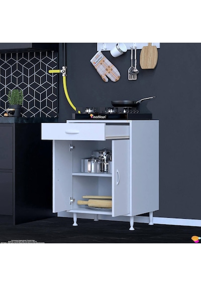 Modilayn Qplas M Set Ocak Altı Dolap 65x88x48 Cm Çekmeceli, Kapaklı 2 Göz Raf Bölmeli Beyaz