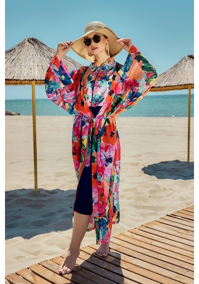 Remsa Mayo Remsa Tesettür Mayo Üzerine Tek Kaftan Kimono Pareo Lacivert02 Rp030 Flowers Lacivert