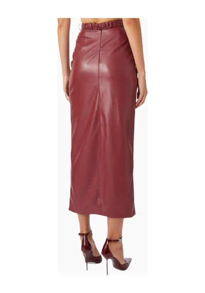 Rowen Rose Belted Maxi Skirt, Lüks Eco Leather Kuşaklı Ve Yırtmaçlı Deri Etek Koyu Kırmızı