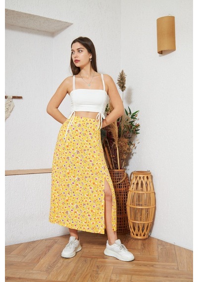 Darlin Moda Sarı Çiçek Desenli Yırtmaçlı Midi Etek DM2014 Sarı