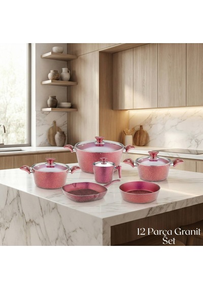 12 Parça Granit Set Cam Kapak - Kırmızı Kırmızı