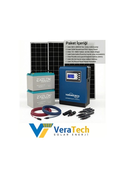 Veratech Güneş Enerjisi Bahçe Evi Solar Paketi 350w Güneş Paneli, 100ah Jel Akü, 3kva İnverter