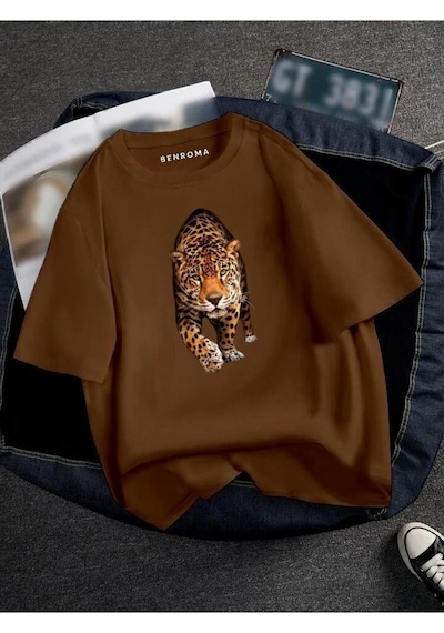 Kaplan Baskılı Oversize Unisex Tişört Kahverengi