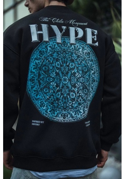 Suma Üç İplik Bisiklet Yaka Baskılı Sweatshirt - Siyah