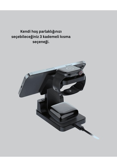 3'ü 1 Arada Kablosuz Şarj İstasyonu, Dijital Saatli, Led Ekranlı Standart