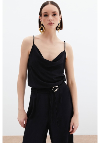 Sateen Degaje Yaka Dökümlü Bluz - Siyah-136056 Siyah