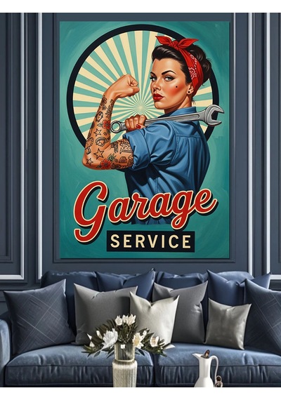 Retro Tamirci Kadın Posteri Dekoratif Kanvas - Mdf Ahşap Tablo
